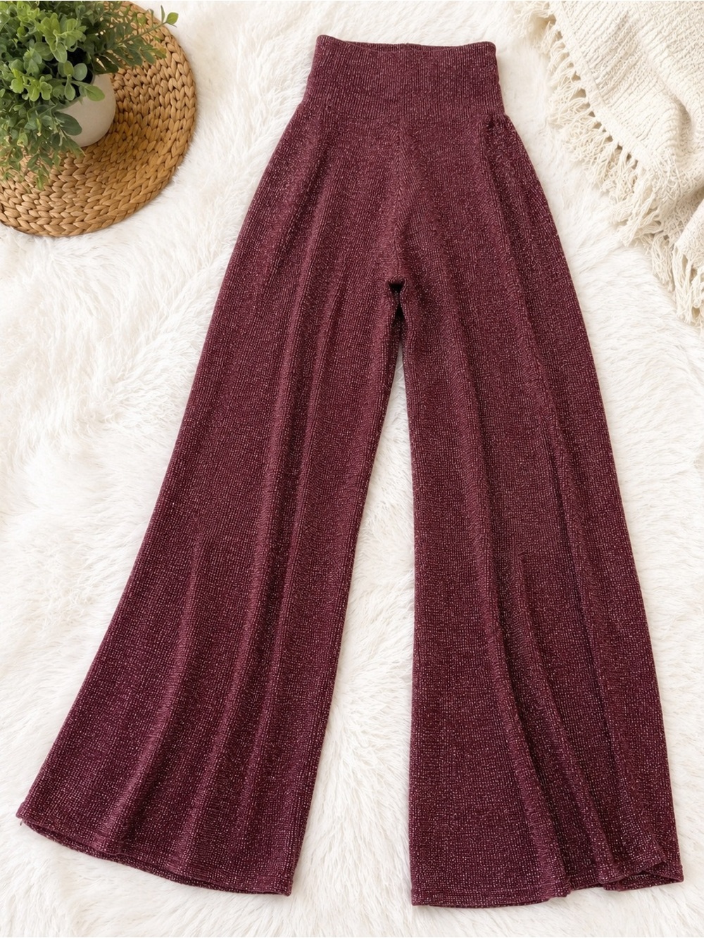 Wide-Leg Sparkle Pants - Burgundy
